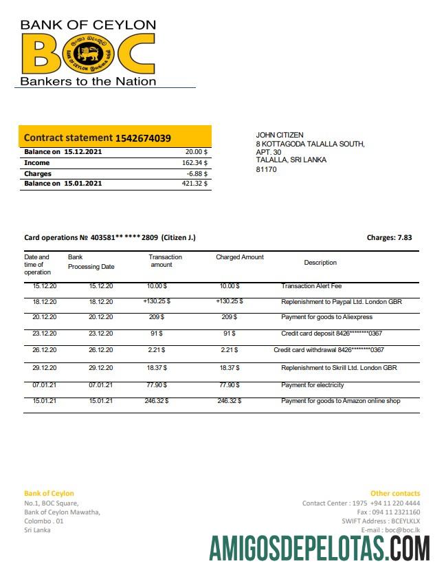 Modelo de extrato bancário em branco do Banco do Ceilão do Sri Lanka em formato Word e PDF, bom para comprovar endereço